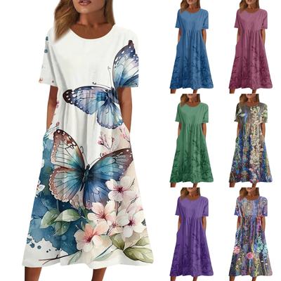 Damskie Casual Sukienki Sukienki z nadrukiem Letnie sukienki Z nadrukiem Plisowany Okrągły dekolt Midi Sukienki Podstawowy Klasyczny Na wolnym powietrzu Codzienny Krótki rękaw Luźne sukienki