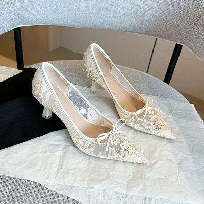 Fashion French Style Lace Pointy Heels Spring Bow Mesh Cloth Stiletto Heels Bridal Party Shoes