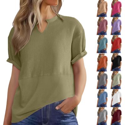 Womens Knit Tops Casual V Neck Short Sleeve T Shirts Loose Blouses