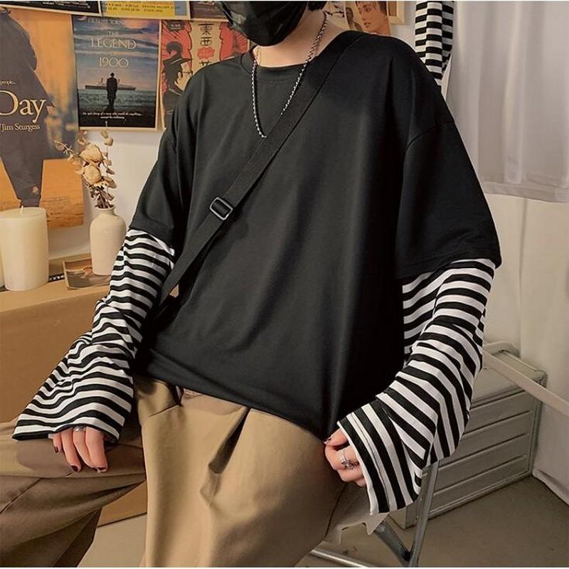 Long Sleeve Fake Two-piece T Shirt Striped Big Shirts Men Clothing Men Fashion 2026 New Oversized Tees Clothes Tshirt