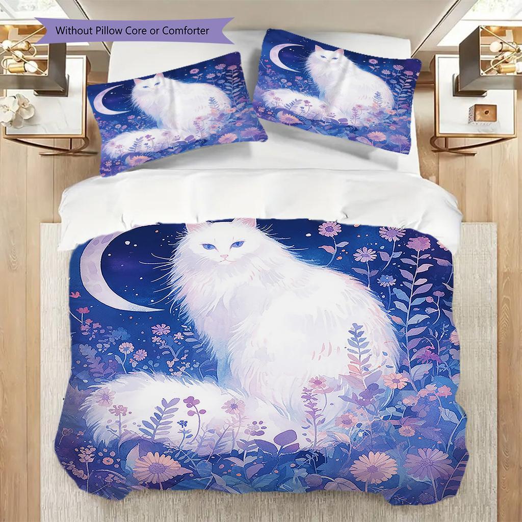 White Cat Pattern Bedding Quilt Set Quilt Cover Pillowcase Home Decoration Birthday Gift (1 * duvet cover + 2 * pillowcase, without core)