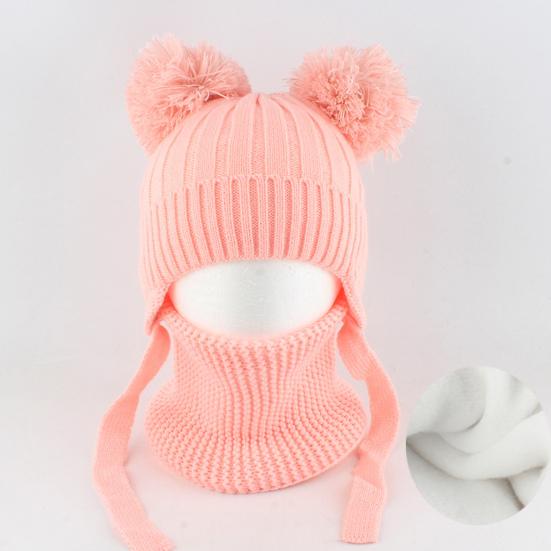2Pcs/Set Children Winter Hat Scarf Set Plush Ball Decor Solid Color Plush Lining Knitting Hat Warm Neckerchief Set