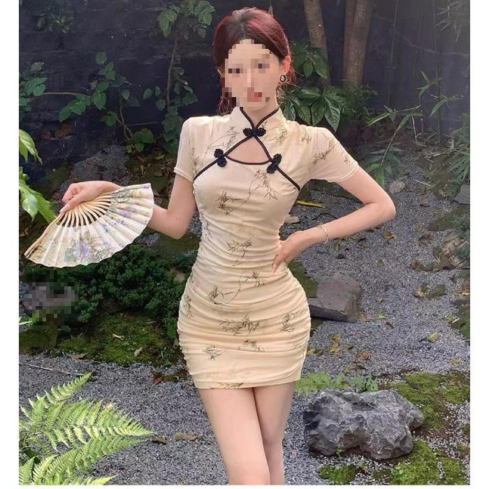 Elegant Floral Qipao Dress: Summer Pleated Waist, Hollow-out Frog Buttons