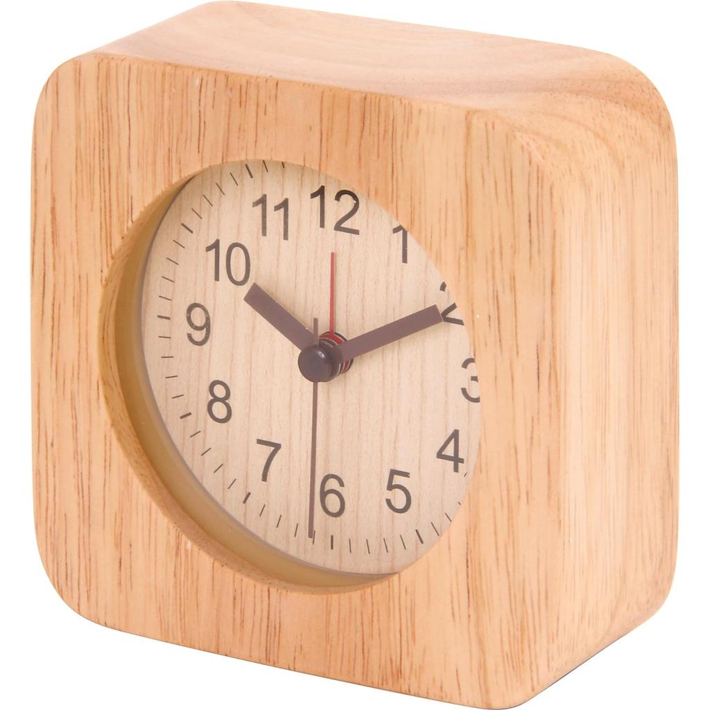 Fuji Boeki Analog Table Clock/Alarm Clock, 10.2cm Wide, Natural Wood, Quiet Alarm, with Light, Tabletop, Square, Wood, 36696