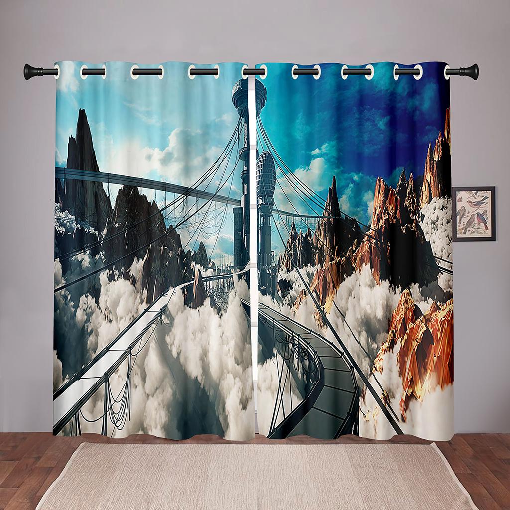 

Будущее Город Технологии Архитектура Тонкая оконная занавеска для детской гостиной спальни ванной комнаты кухонной двери шкафа для дома Крючок W50 X H130(CM)X2&Grommet Top