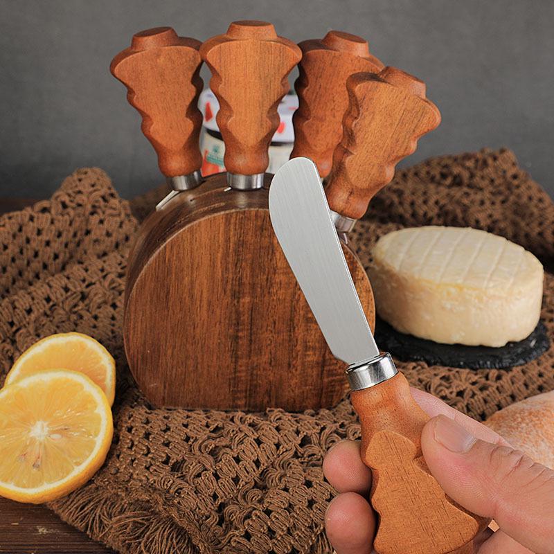 Akazienholz Weihnachtsbaum Käsemesser & Gabel Set mit Holzsockel - 6-teiliges Set