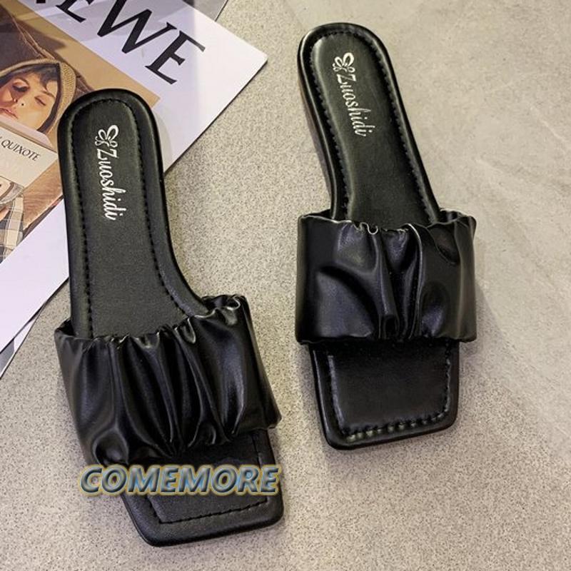 Woman Flat Slides Slippers Summer 2024 Stylish Square Head Pleated Sandals for Women Casual Flip Flops Solid Color Shoes Fashion