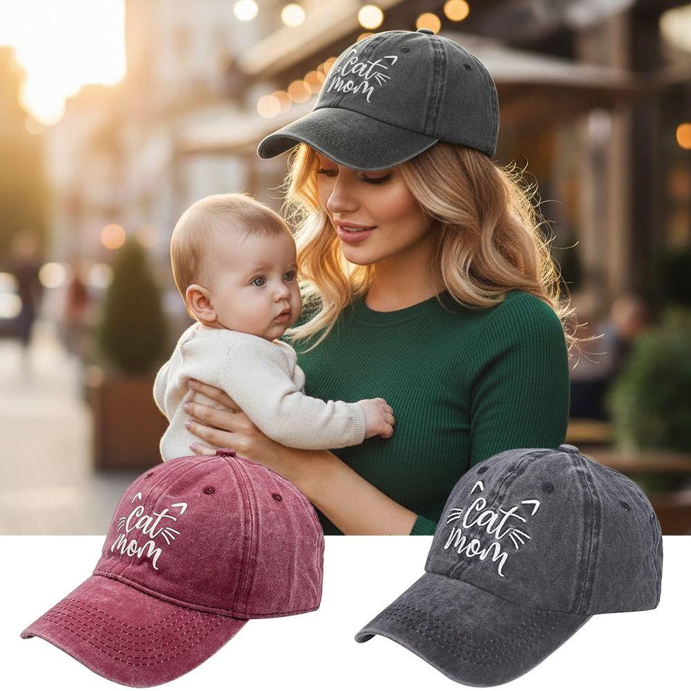 Vintage Cat Mom Embroidery Baseball Cap Washed Cotton Adjustable Baseball Hats Sunscreen Hats For Women