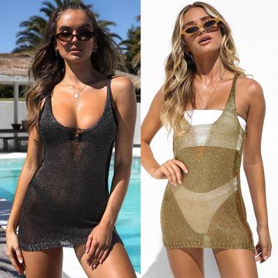 Women Gold Mesh Sleeveless Sheer Knit Maxi Dress Beach Bikini Cover Up Summer