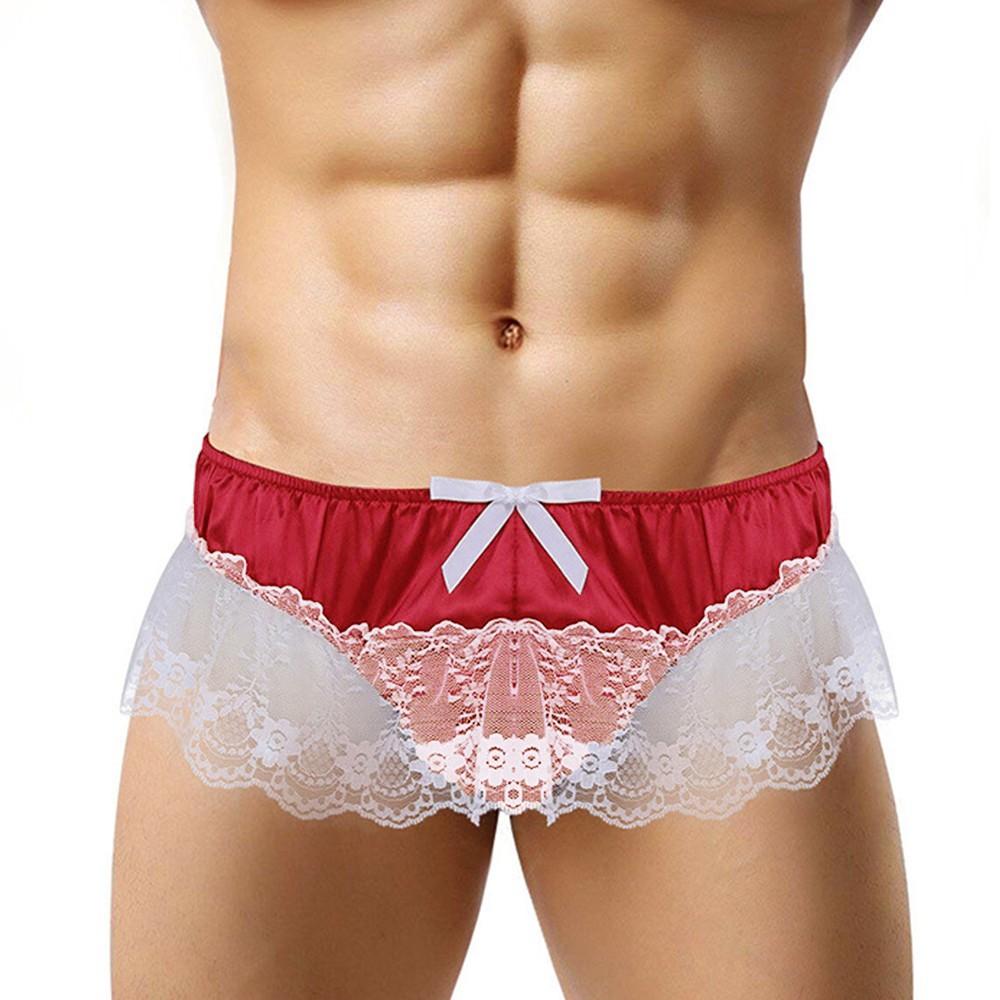 Men Sissy Lace See Through Panties Sexy Satin Thong Briefs Underwear