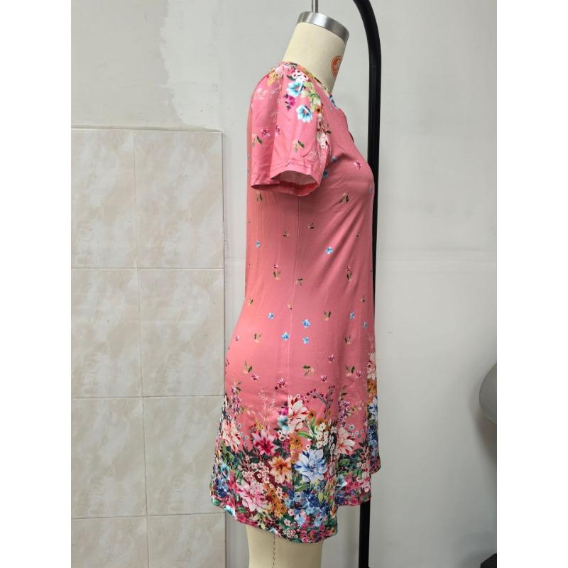 Women Floral Print V Neck Short Sleeve High Waist Fitted Bodycon Midi Dress