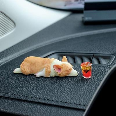 Cute Car Accessory With Mini Resin Corgi And Drink Sleeping Corgi Car Dashboard Decoration Funny Dog Rearview Mirror Decor