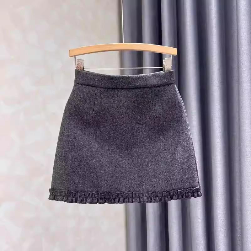 Women's Gray Wool Blend A-line High Waist Skirt - Autumn/Winter Slimming Petite Fit with Lace Detail