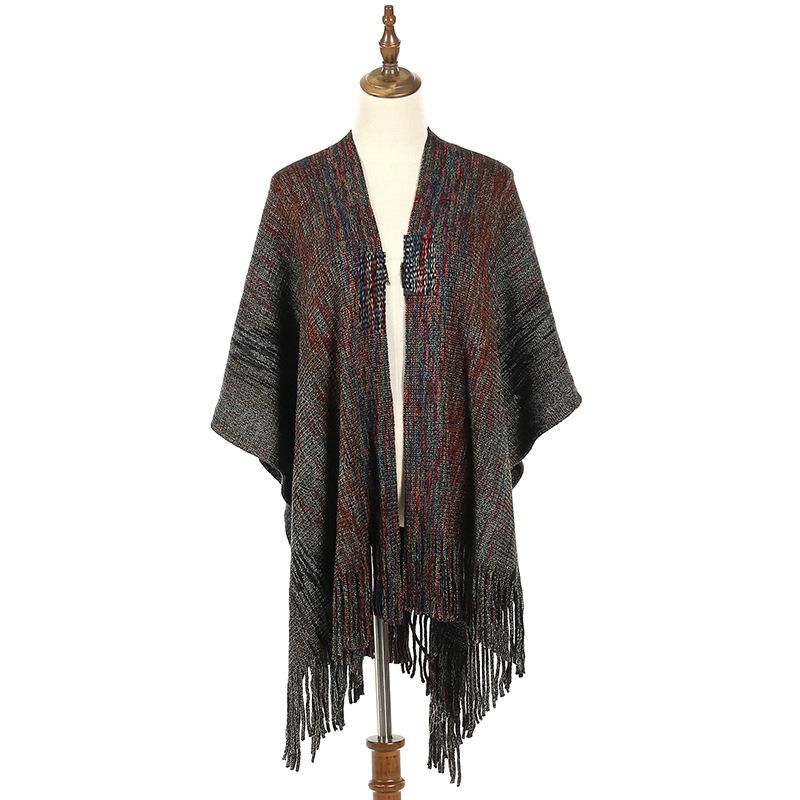 Women Gradient Space‑Dye Tassel Poncho Cape, Polyester Knit Open Front Shawl Wrap, Casual Soft Oversized Shoulder Cover Outerwear