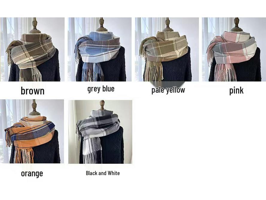 Imitation Cashmere Plaid Scarf - Women's Korean Style Autumn Winter Shawl with Tassels
