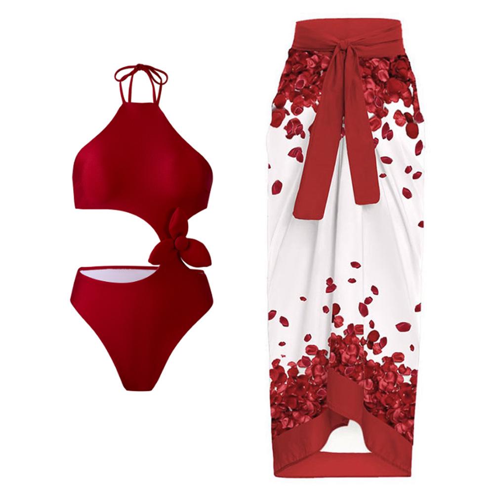 

Qiaojiayuan 2025 3D Floral Halter Neck Two-Piece Swimsuit with Chiffon Skirt One Size
