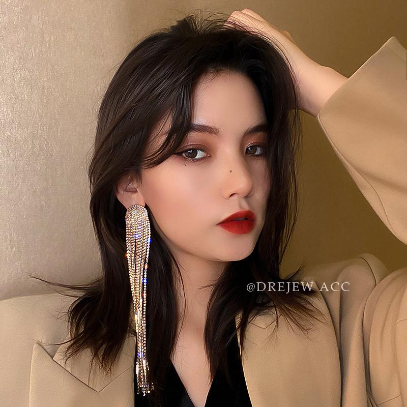 2022 New Fashion Long Tassel Rhinestone Drop Earrings for Women Ovsize Crystal Dangle Earrings Fashion Jewelry