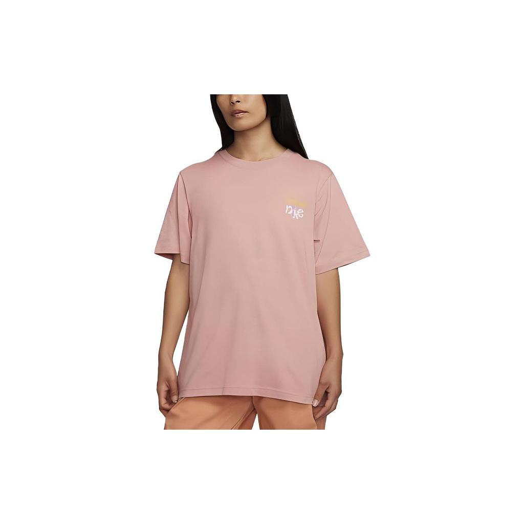 Nike Sportswear Logo Print Ribbed Crew Neck Sports Short Sleeve T-Shirt Women T-Shirt Pink FD2550-618