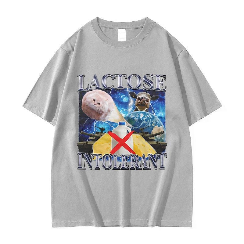 Lactose Intolerant Funny Cat Meme Graphic Tee Shirt Unisexs Vintage Fashion Cotton Clothing Short Sleeve TShirts Streetwear Top