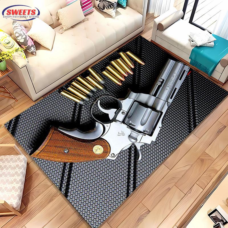 Pistolen-Themenbereichsteppich, Sturmgewehr Pistole Revolver Pistole Teppich für Wohnzimmer Schlafzimmer Sofa Fußmatte Dekor Rutschfeste Bodenmatte Geschenke