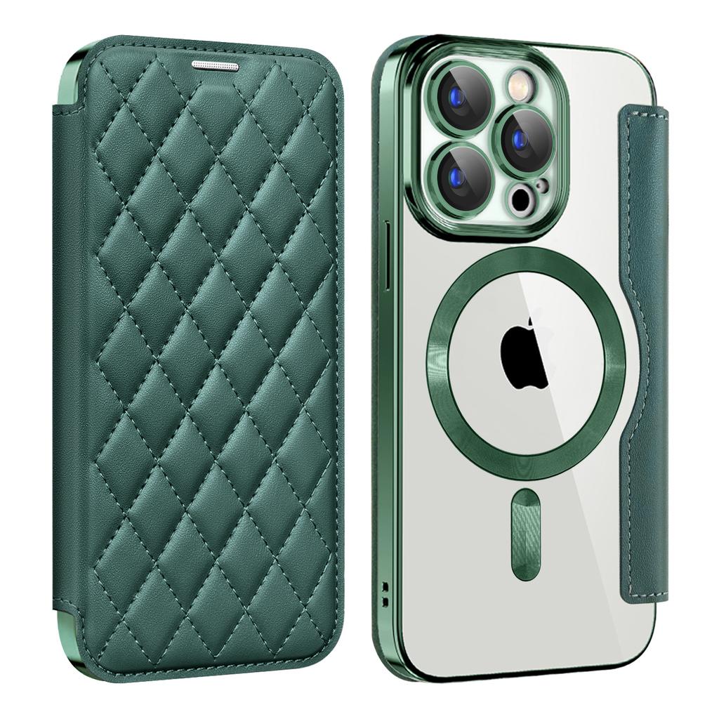 For iPhone 15 Pro RFID Blocking Built-in Lens Film Phone Case Card Holder Leather Cover Compatible with MagSafe