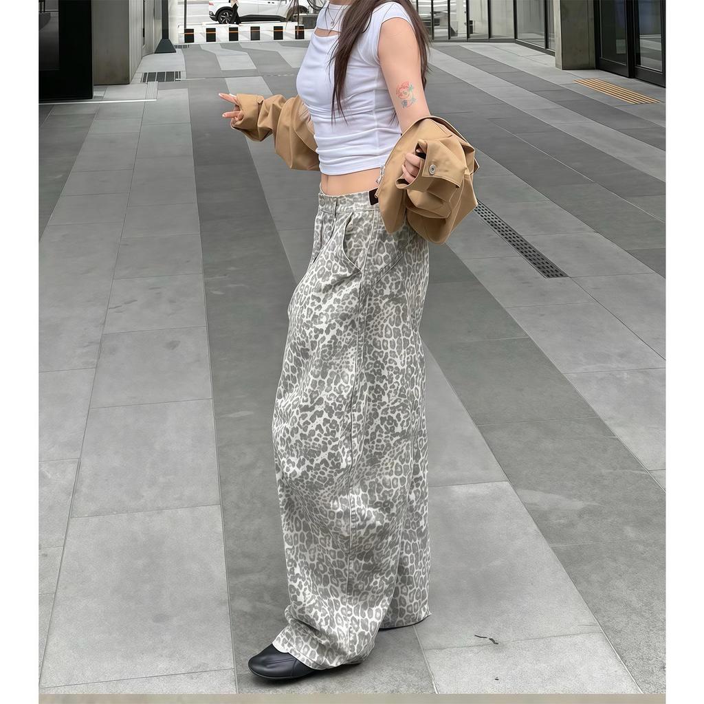 Jeans de Pierna Ancha Estilo Retro Americano Chica Picante Estampado de Leopardo: Silueta Relajada, Hasta el Suelo, Hoja Curva para Mujer