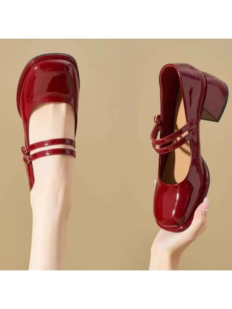 

Винтажные туфли Мэри Джейн Женские красные свадебные туфли 2025 Весна Осень Новые туфли на высоком каблуке Массивные Элегантные Одинарные туфли Резиновая подошва 42 красный