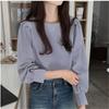 Korean Chic Autumn White Mist Haze Blue Round Neck Bubble Sleeve Top Loose Age Reducing Round Neck Long Sleeve Shirt for Women