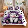 3pcs Purple Crown Cow Printed Quilt Set - Soft and Comfortable Quilt Cover for Bedroom, Guest Room and Dormitory Decorative Bedding Set 1 Du