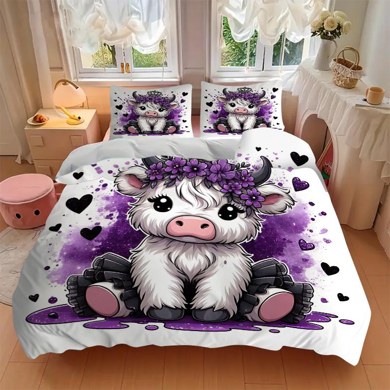 3pcs Purple Crown Cow Printed Quilt Set - Soft and Comfortable Quilt Cover for Bedroom, Guest Room and Dormitory Decorative Bedding Set 1 Du