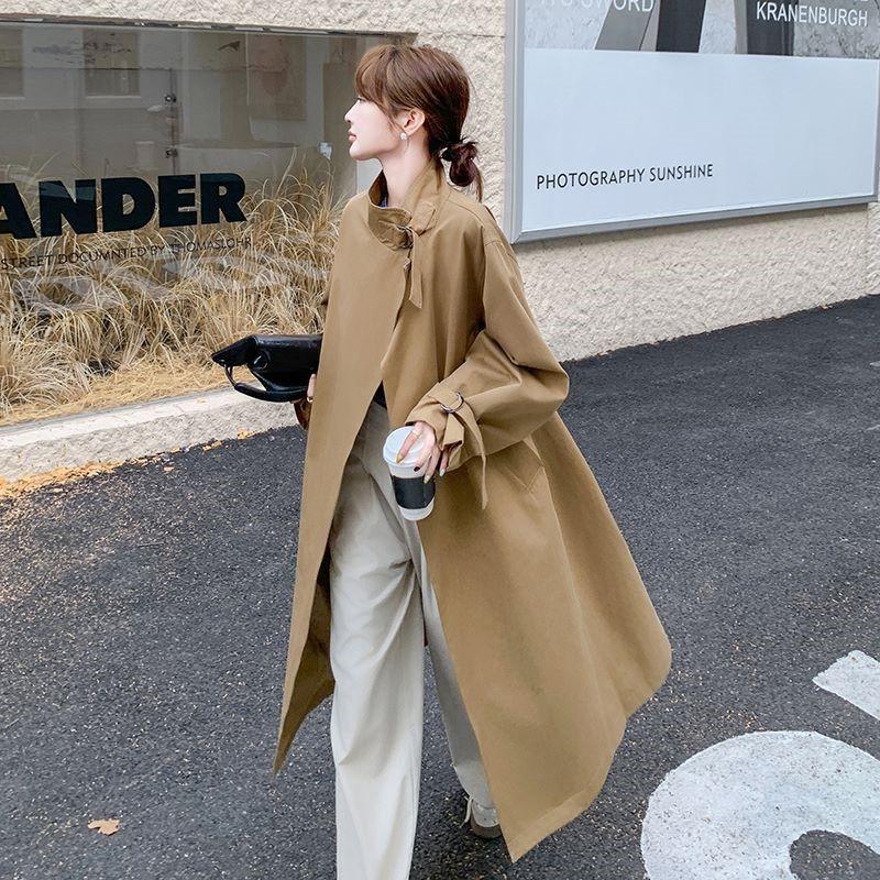 Giacca a vento con colletto alla coreana da donna, nuovo design autunnale, sciolta, casual, di media lunghezza, sopra il ginocchio