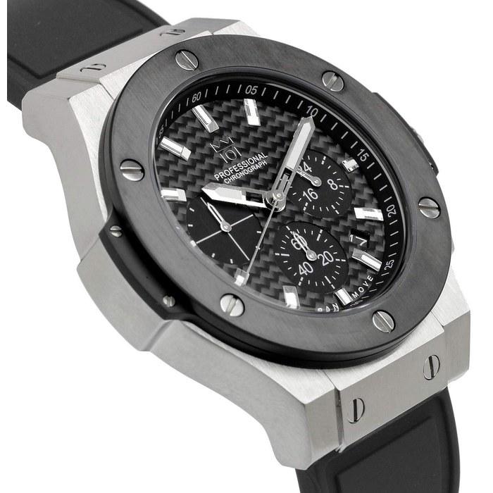 [Hyakuichi 101] No.8 Watch 100m Waterproof Chronograph Date Rubber Belt Black & Silver Carbon Men's