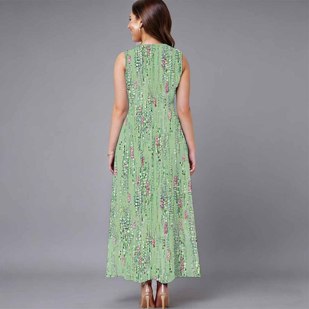 Women Oversized Sleeveless Round Neck Dress Bright Floral Printed Loose Mid Calf Gown