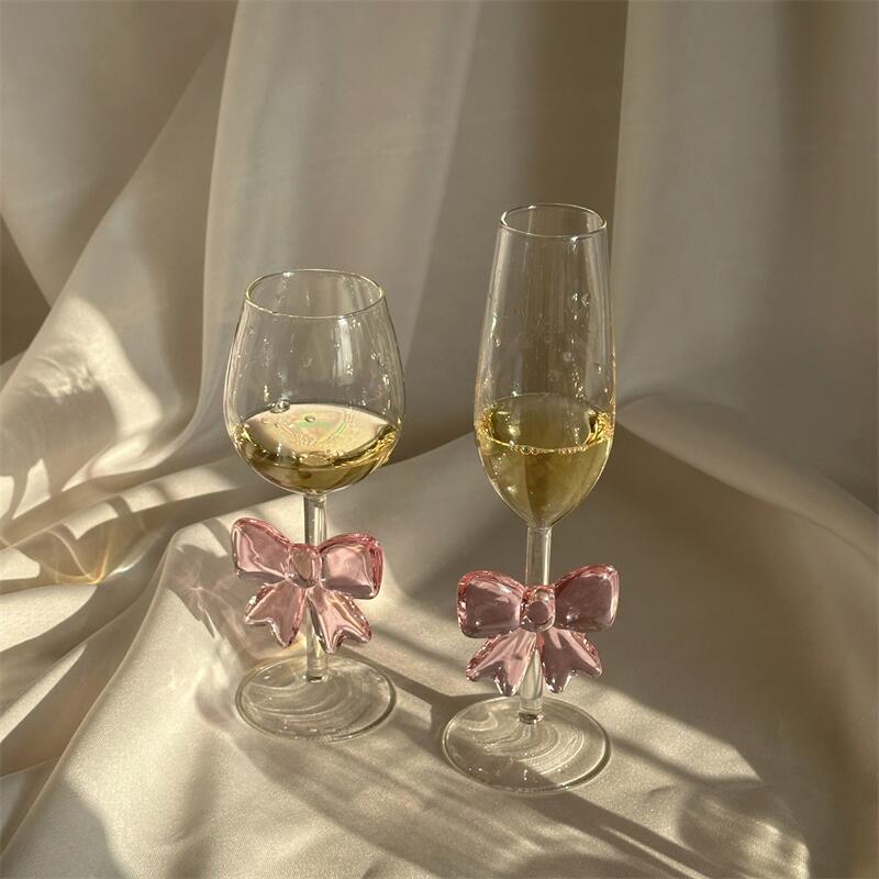 Pink Bowknot Series Glasses Cup Korean Style  INS  Bow Handle Goblet Glass Cup Romantic Ritual Champagne Wine Glass