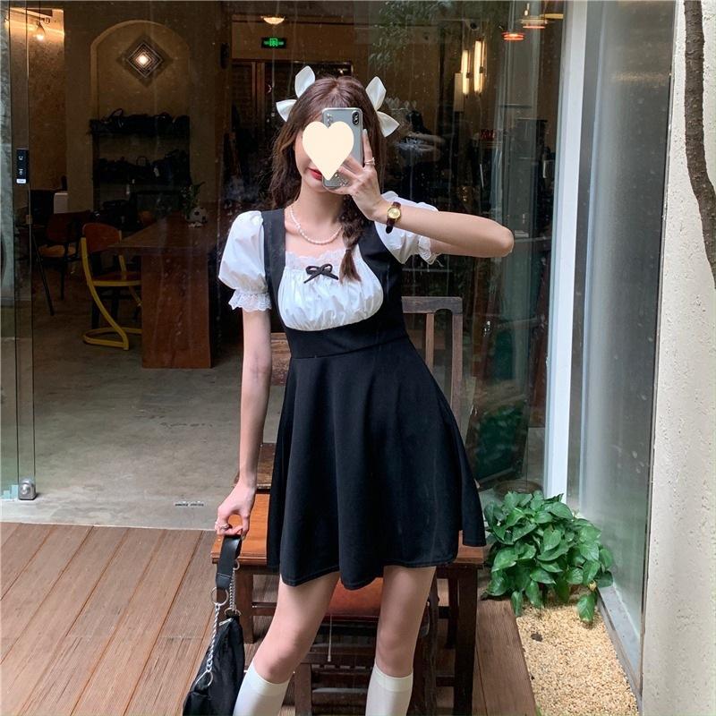 Super fake two-piece dress sweet and cute bubble sleeve first love dress splicing small black dress waist and thin