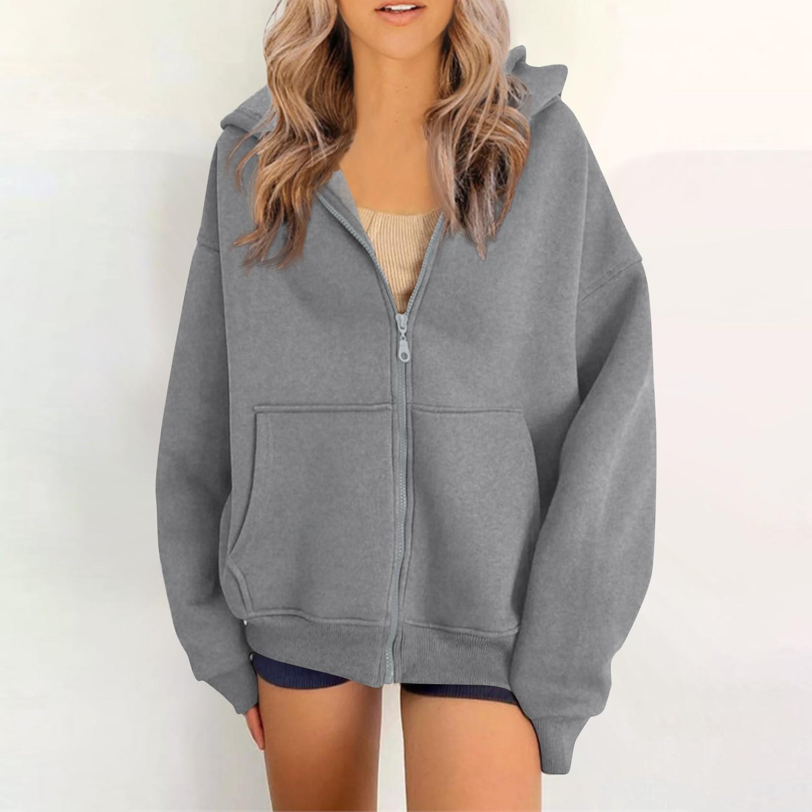 

Женский однотонный повседневный кардиган на молнии с капюшоном и карманами XXL светло-серый