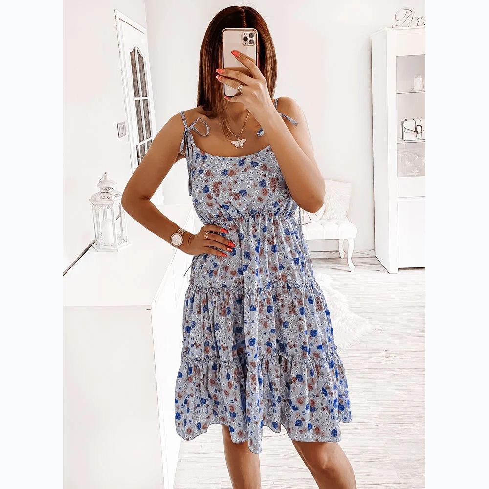 European and American Spring and Summer New Models, Small Floral Digital Printing Fresh and Sweet Wind Suspender Dress