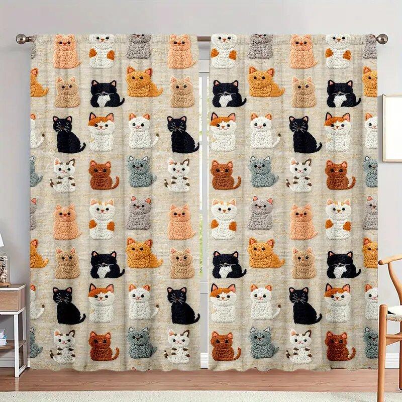 Cartoon Cat Printed Curtains Christmas Decorations Bedroom Living Room Home Decoration Curtain Made Of Polyester Washable Sitting Ready