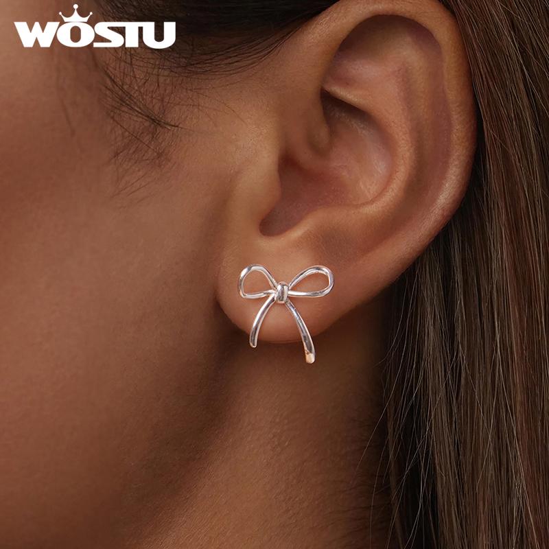 WOSTU Real 925 Sterling Silver Big Bow Stud Earrings For Women Wedding Party Jewelry Bowknot Ear Studs Girl Birthday Gift 18mm
