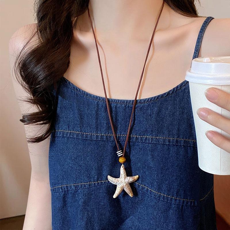Women Long Neck-hanging Starfish Necklace Seaside Holiday Adjustable Rope Chains Starfish Pendant Necklaces