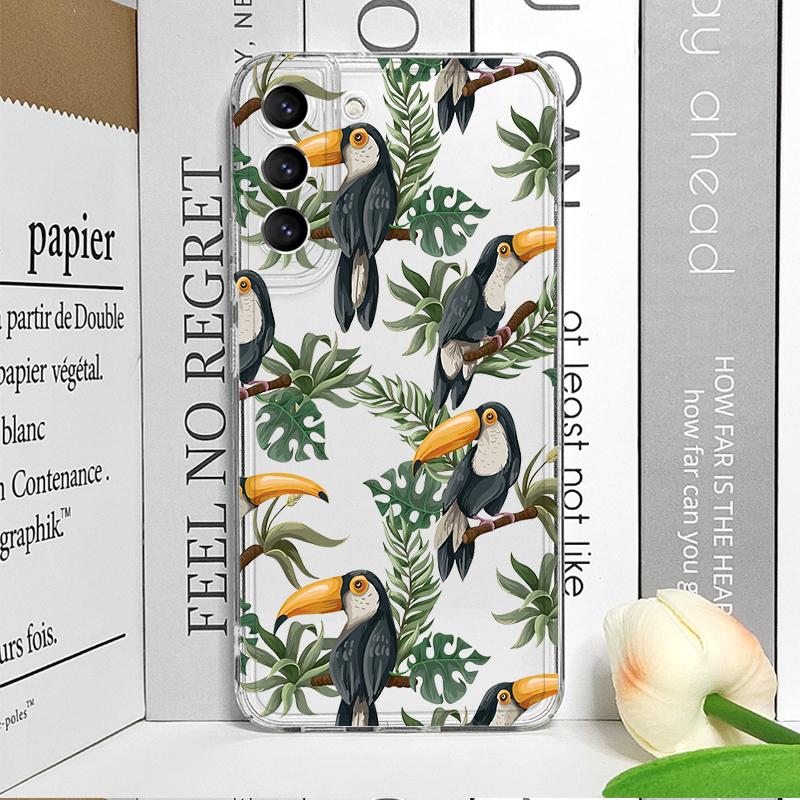 Cartoon Leaves Palm Tree Flowers Bird Phone Case for Samsung Galaxy S25 Ultra S25 Fe S24 S23 FE S22 S21+ S20 Plus 5G Soft Cover