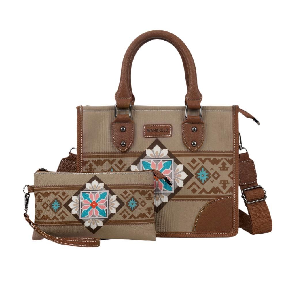 New Ethnic Style Bohemian Women's Bag Sets Retro Canvas Horizontal Square Female Tote Bag Fashion Printing Portable Ladies Messenger Bag with Wallet