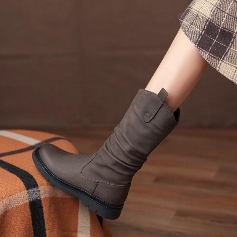 Dámské kozačky do půli lýtka s plochým podpatkem 2025 - Nový jarní a podzimní styl se sametovou podšívkou, ideální k sukním