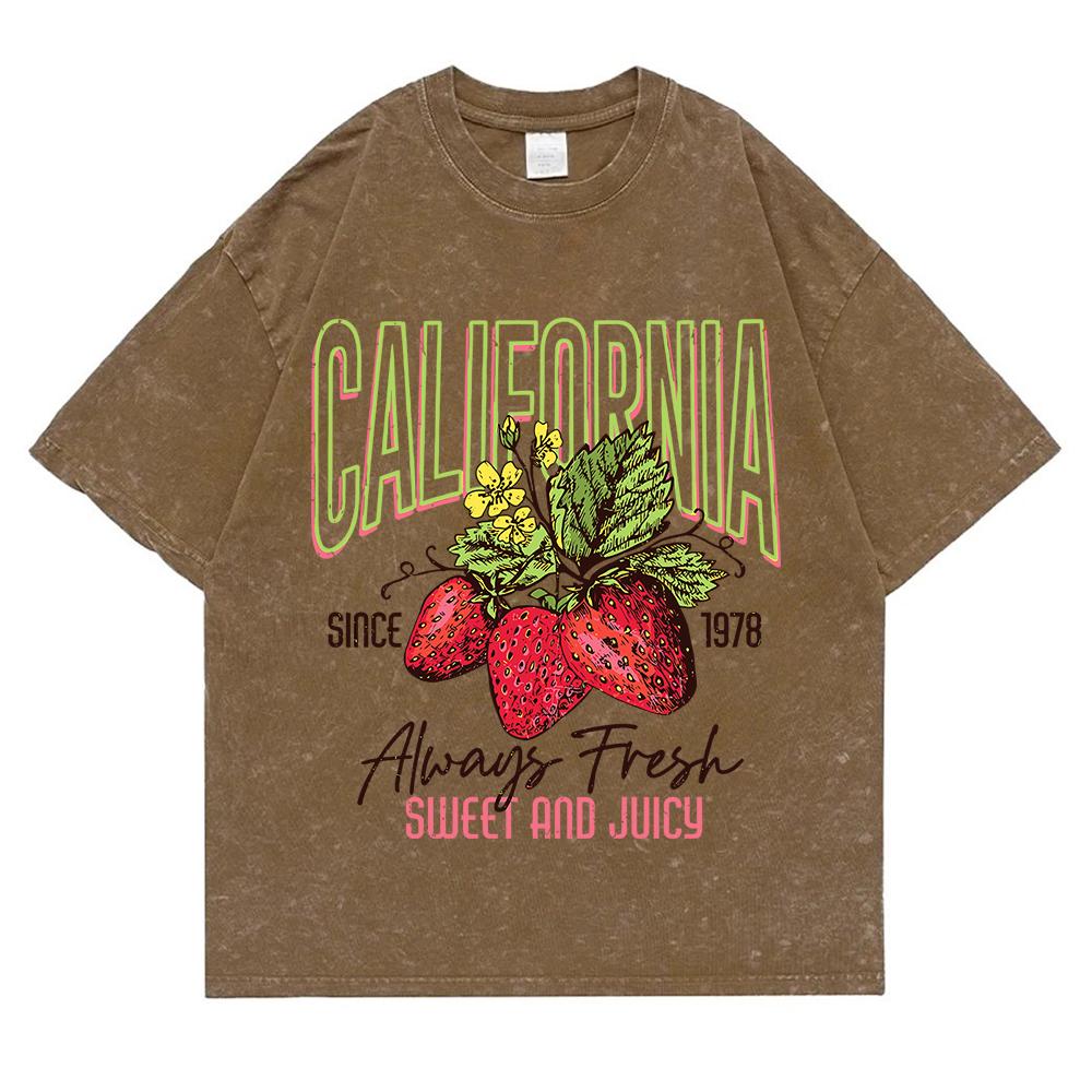 California Sweet And Juicy Washed Retro Snow Tops Man Casual Tee Clothes T-Shirts Casual Summer T-Shirt Cotton Loose T Shirt