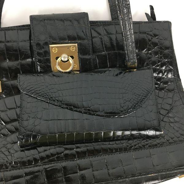 GENUINE CROCODILE SKIN KAIYO Handbag & Long Wallet Black Crocodile Leather Purse(USED)