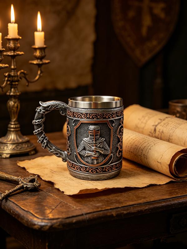 450ml/15oz Medieval Knight Beer Mug, 3D Crusader Warrior Coffee Cup, Resin Tankard with Stainless Steel Liner, Gothic Drinking C