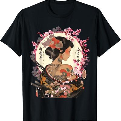 Vintage Ancient  Geisha Samurai Cherry Blossom T-Shirt(1)