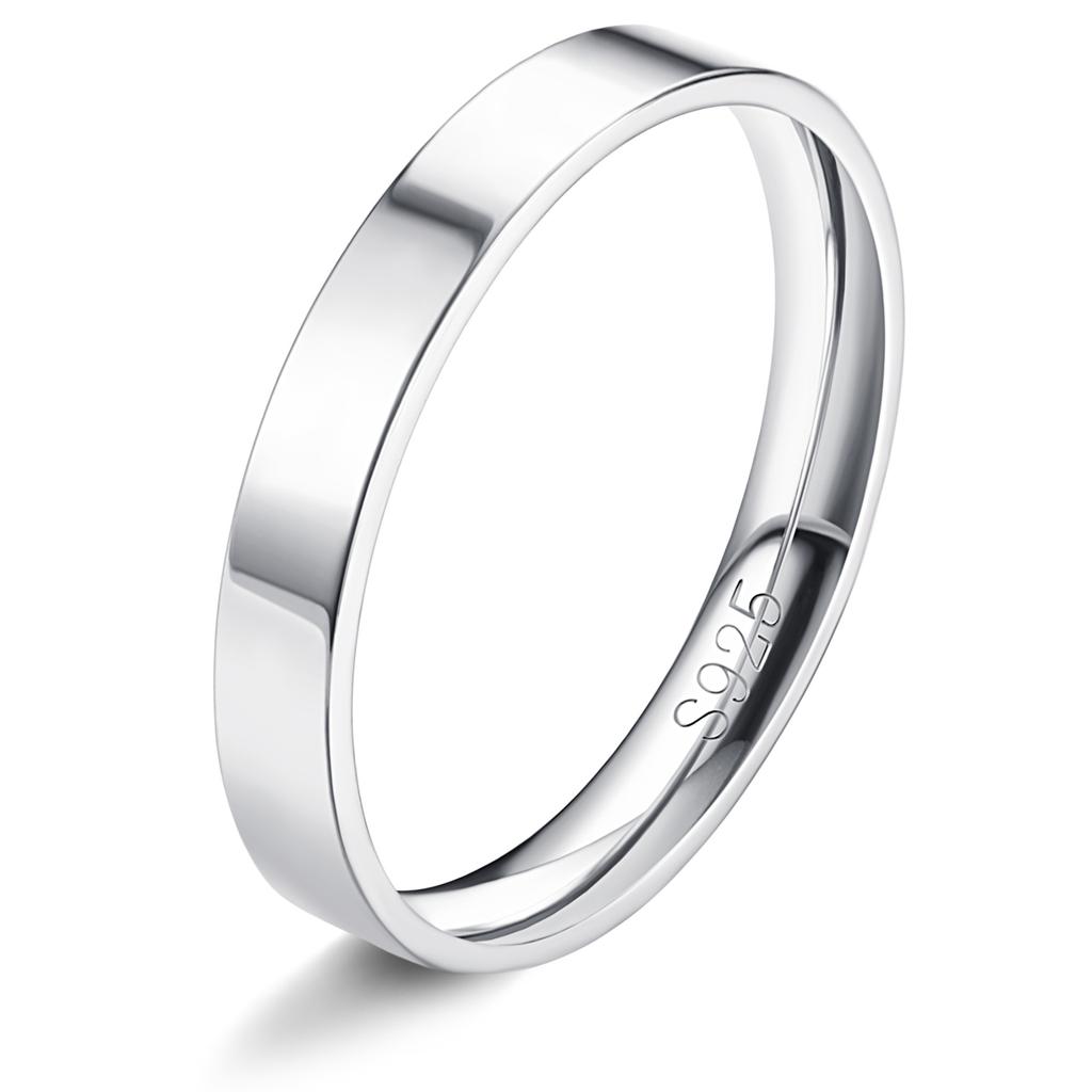Fansilver S925 Sterling Silver Rings for Women Men 18K White Gold Plated Stackable Statement Thin Plain Thumb Ring Wedding Bands