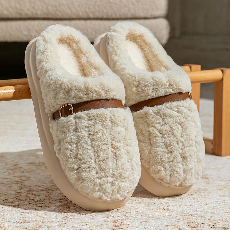 Winter plush cotton slippers women's indoor non-slip thick-soled plush warm couple fashion high-end confinement shoes