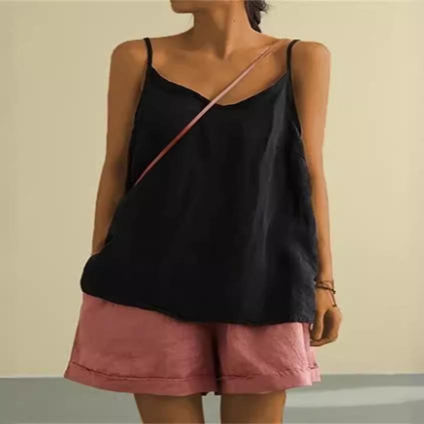 Women's Summer Top Cotton Linen Spaghetti Strap Top V-neck Sleeveless Loose Women Vest Sexy Sling Blouse Top Female Clothing